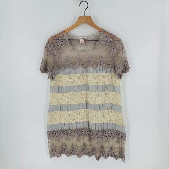 Sundance Lace Trim Tunic Top Size Small Taupe Cream Boho Romantic Crochet Blouse - Picture 7 of 7